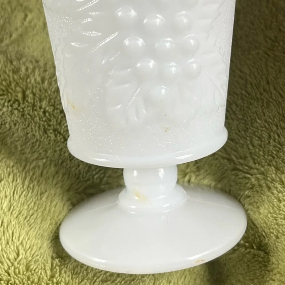 Vintage White Milk Glass Footed Goblets w/ Harvest Grapes Design Set of Two 6